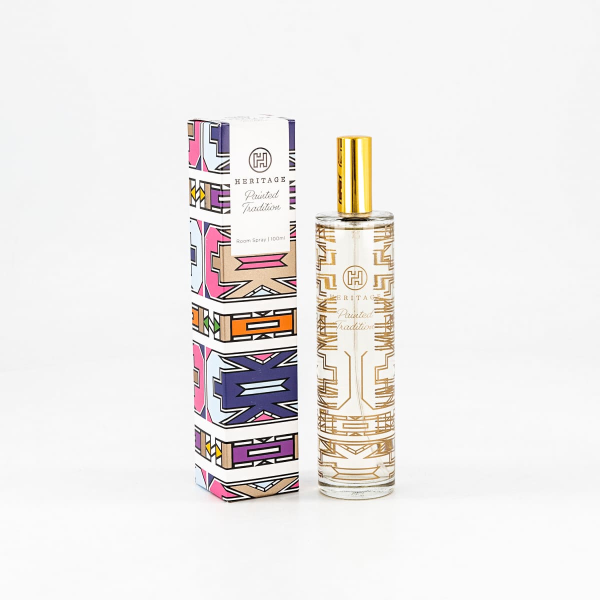 100ml Heritage Room Spray in the fragrance Painted Tradition with the traditional Ndebele tribe pattern boxed packaging