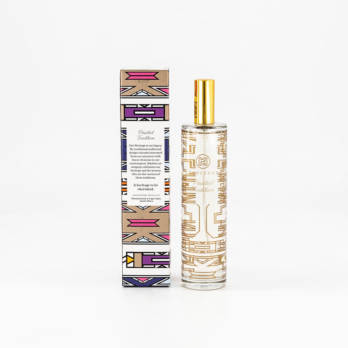 100ml Heritage Room Spray in the fragrance Painted Tradition with the traditional Ndebele tribe pattern boxed packaging 